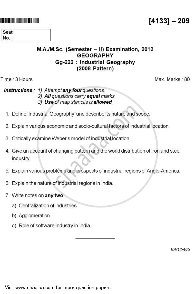 Industrial Geography 2011-2012 - M.A. - Semester 2 - University of Pune question paper with PDF download