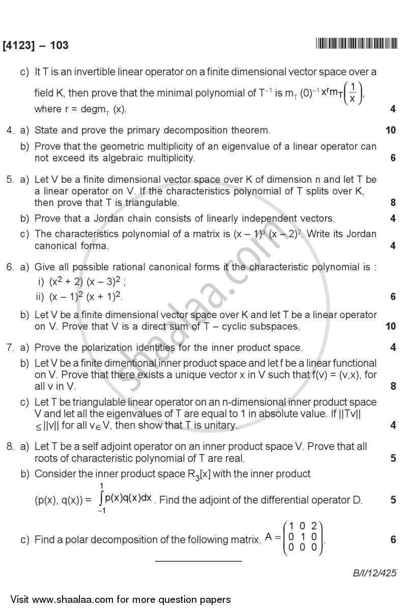 Linear Algebra 2011-2012 - M.A. - Semester 1 - University of Pune question paper with PDF download