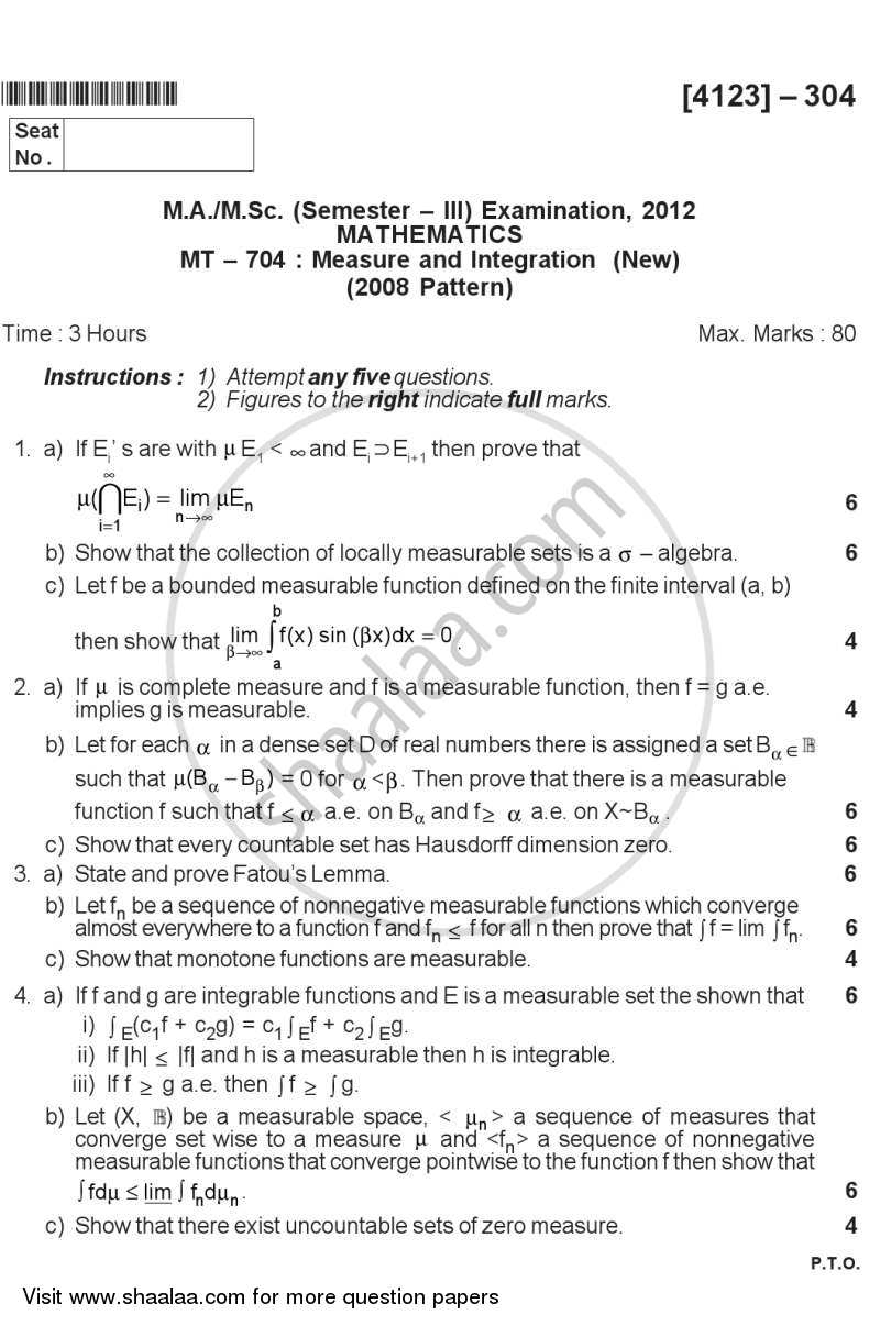 Measure and Integration 2011-2012 - M.A. - Semester 3 - University of Pune question paper with PDF download