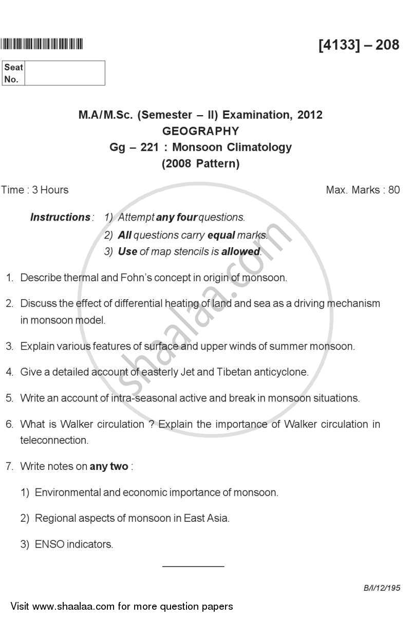 Monsoon Climatology 2011-2012 - M.A. - Semester 2 - University of Pune question paper with PDF download