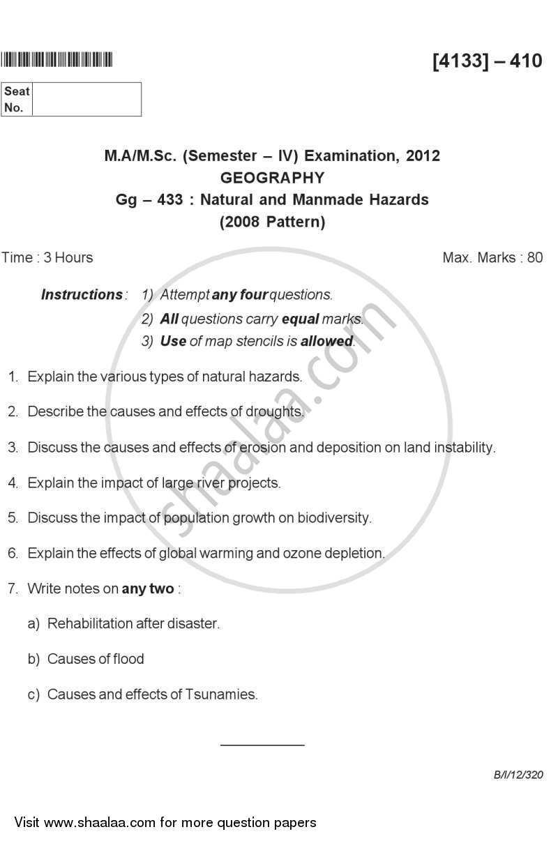 Natural and Manmade Hazards 2011-2012 - M.A. - Semester 4 - University of Pune question paper with PDF download