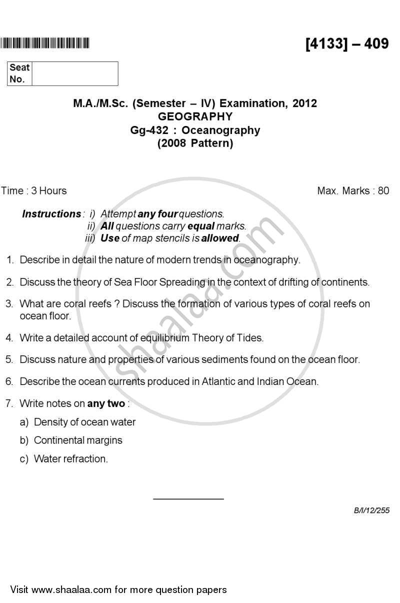 Oceanography 2011-2012 - M.A. - Semester 4 - University of Pune question paper with PDF download