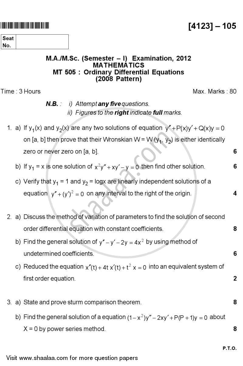 Ordinary Differential Equations 2011-2012 - M.A. - Semester 1 - University of Pune question paper with PDF download
