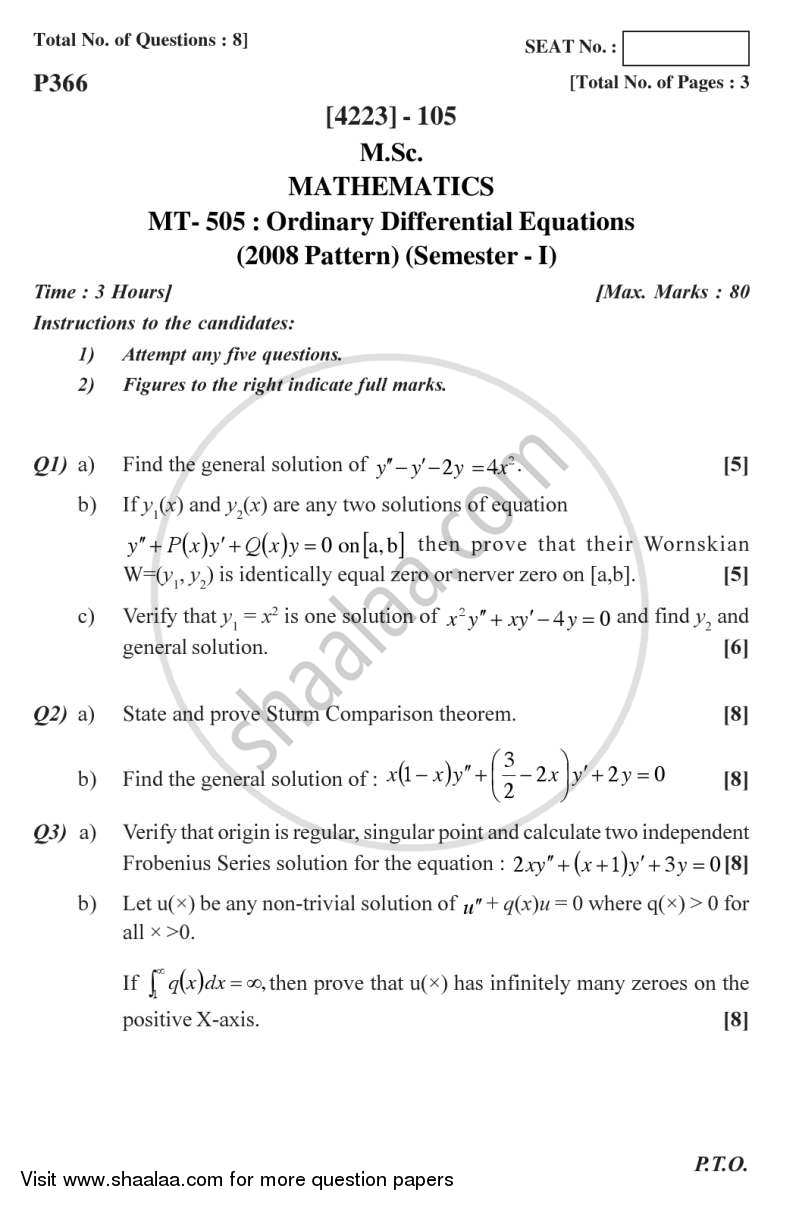 Ordinary Differential Equations 2012-2013 - M.A. - Semester 1 - University of Pune question paper with PDF download