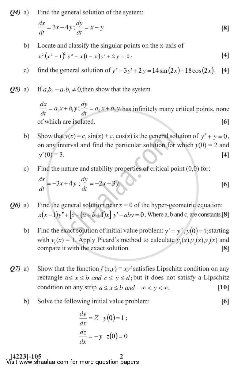 Ordinary Differential Equations 2012-2013 - M.A. - Semester 1 - University of Pune question paper with PDF download