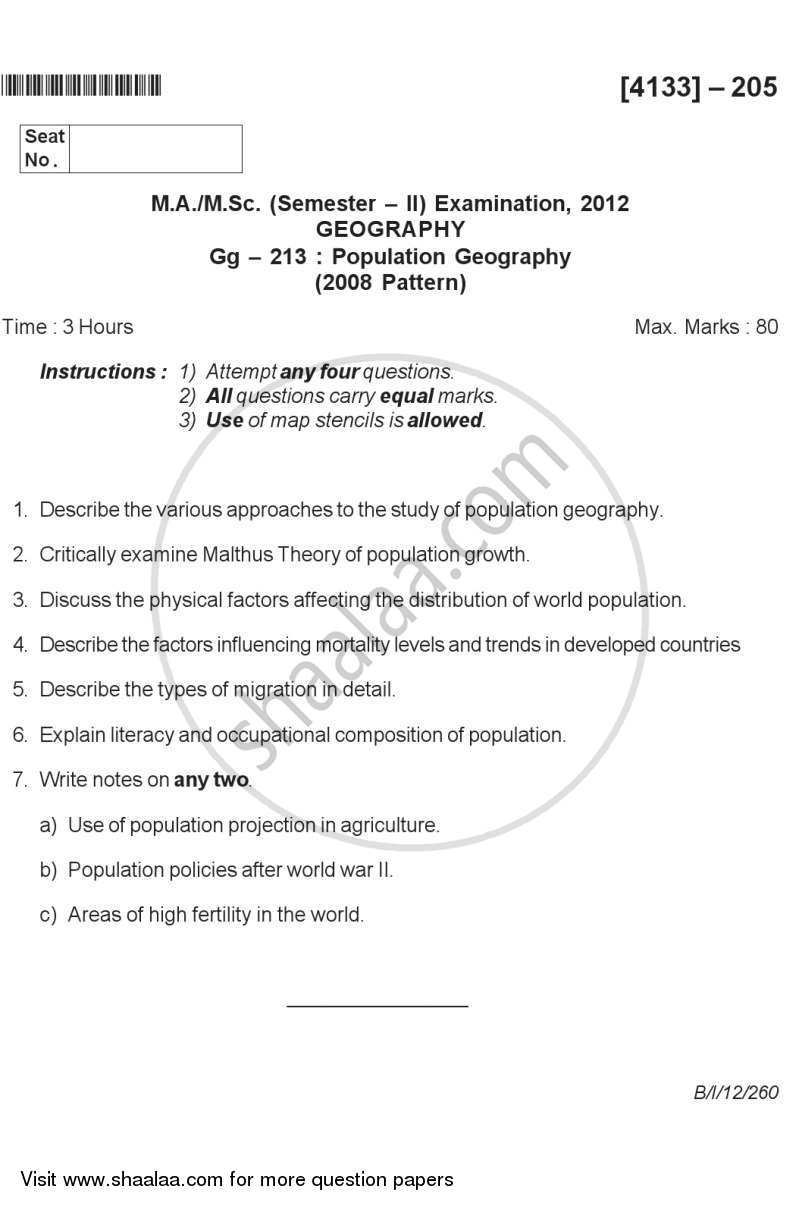 Population Geography 2011-2012 - M.A. - Semester 2 - University of Pune question paper with PDF download