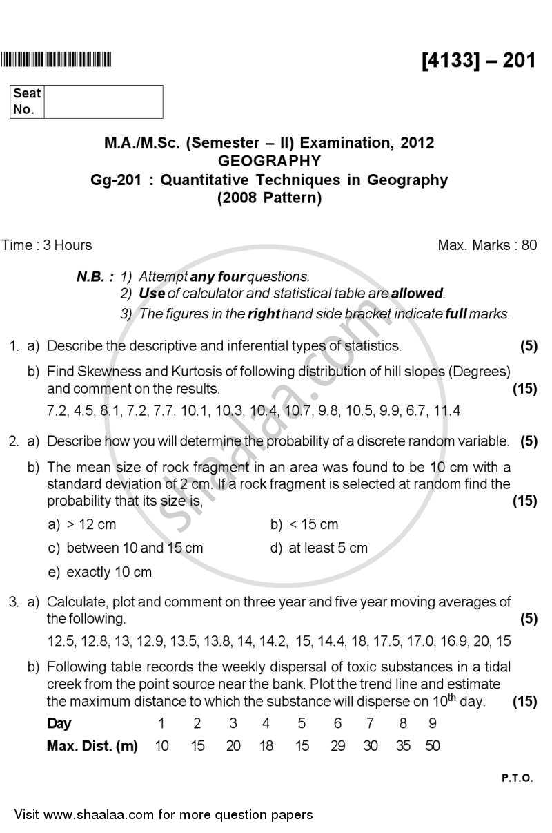Quantitative Techniques in Geography 2011-2012 - M.A. - Semester 2 - University of Pune question paper with PDF download