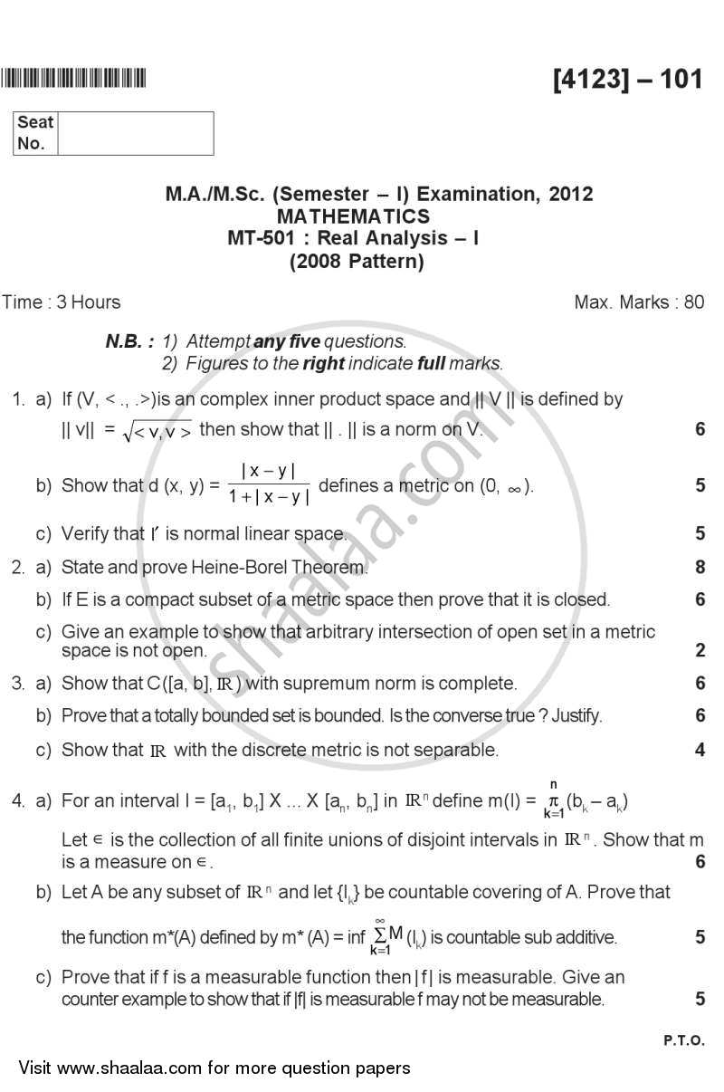 Real Analysis 1 2011-2012 - M.A. - Semester 1 - University of Pune question paper with PDF download