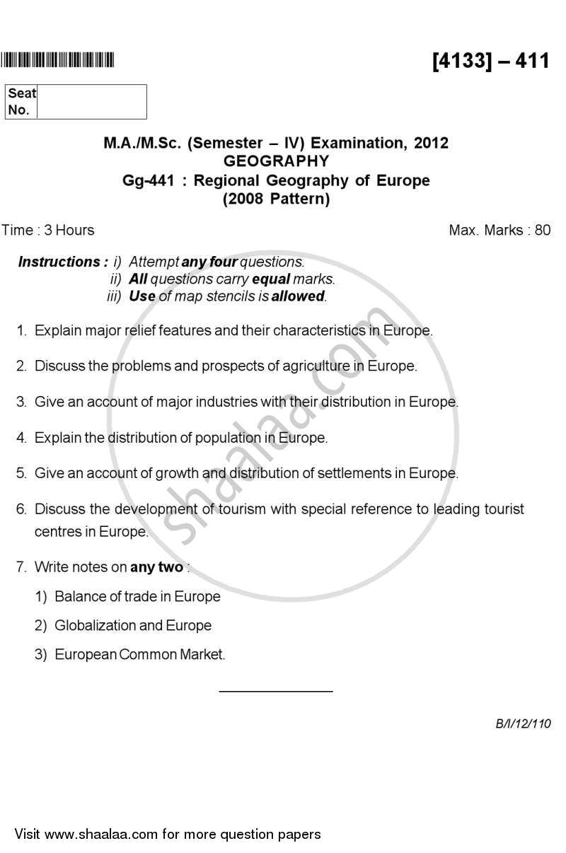 Regional Geography of Europe 2011-2012 - M.A. - Semester 4 - University of Pune question paper with PDF download