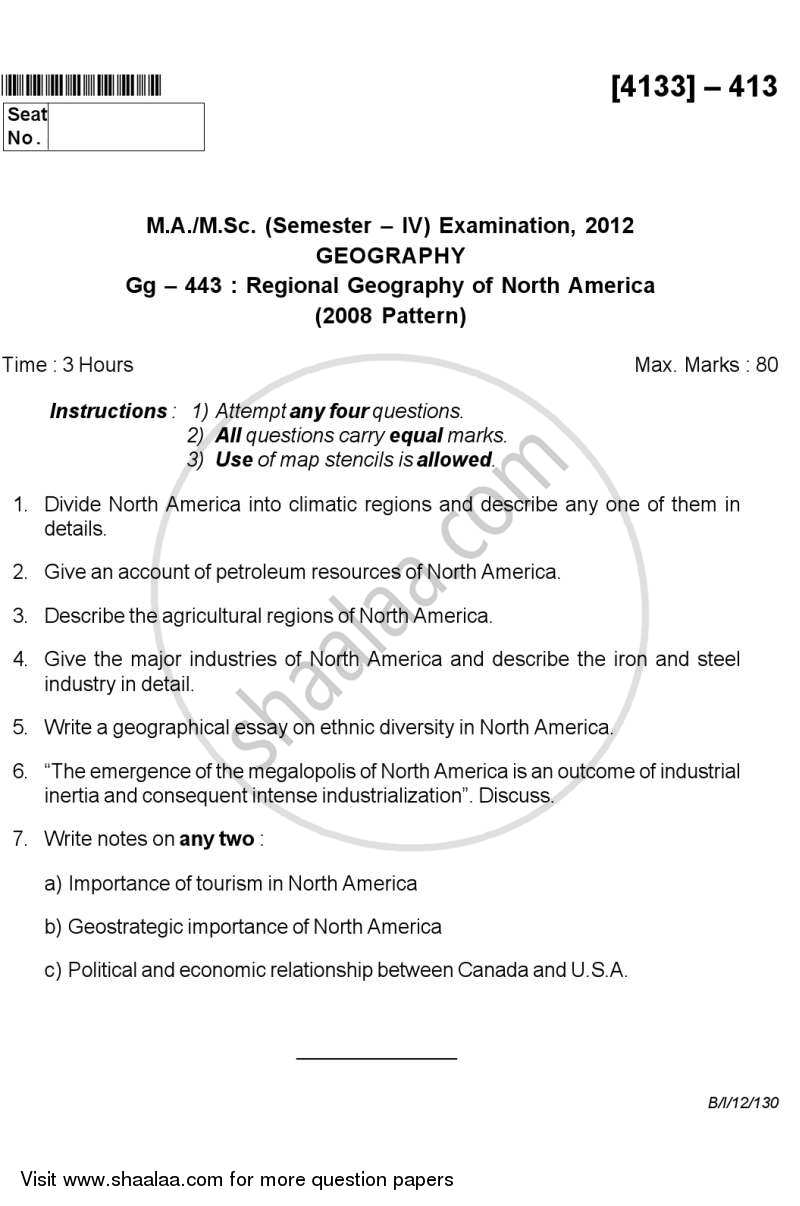 Regional Geography of North America 2011-2012 - M.A. - Semester 4 - University of Pune question paper with PDF download