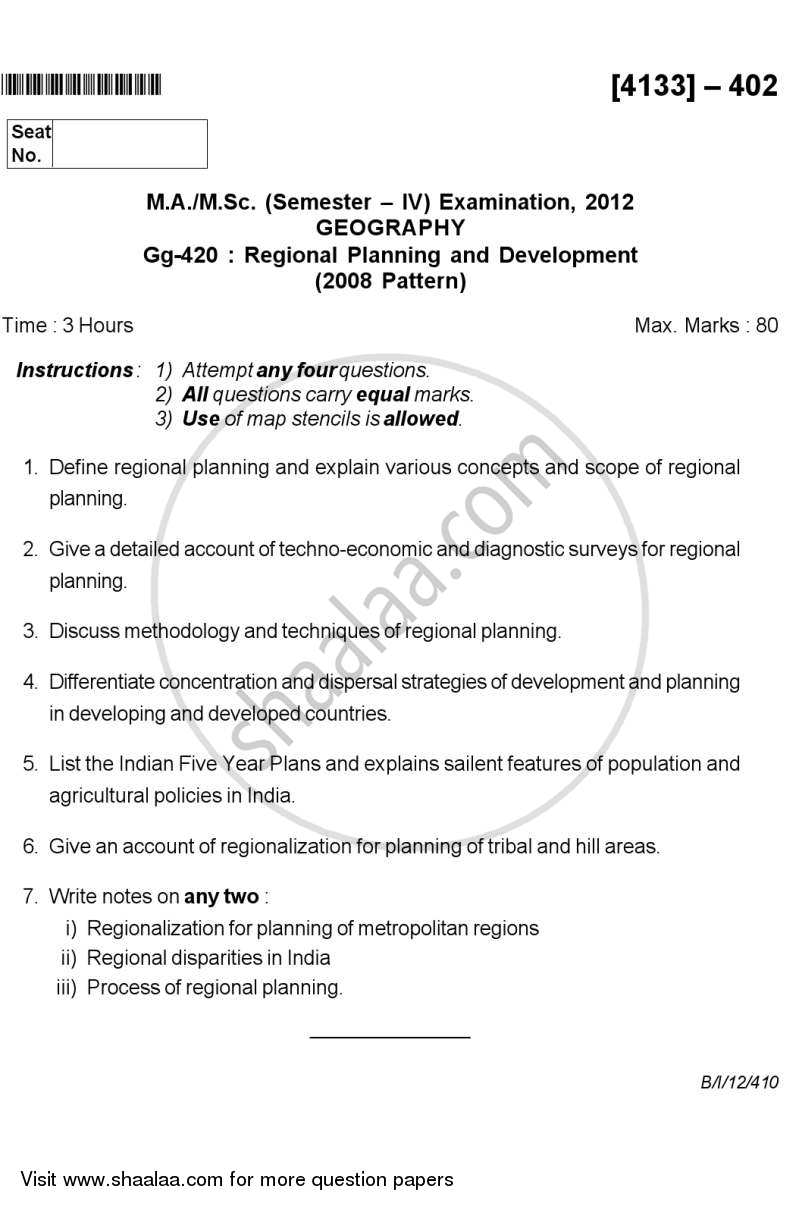 Regional Planning and Development 2011-2012 - M.A. - Semester 4 - University of Pune question paper with PDF download