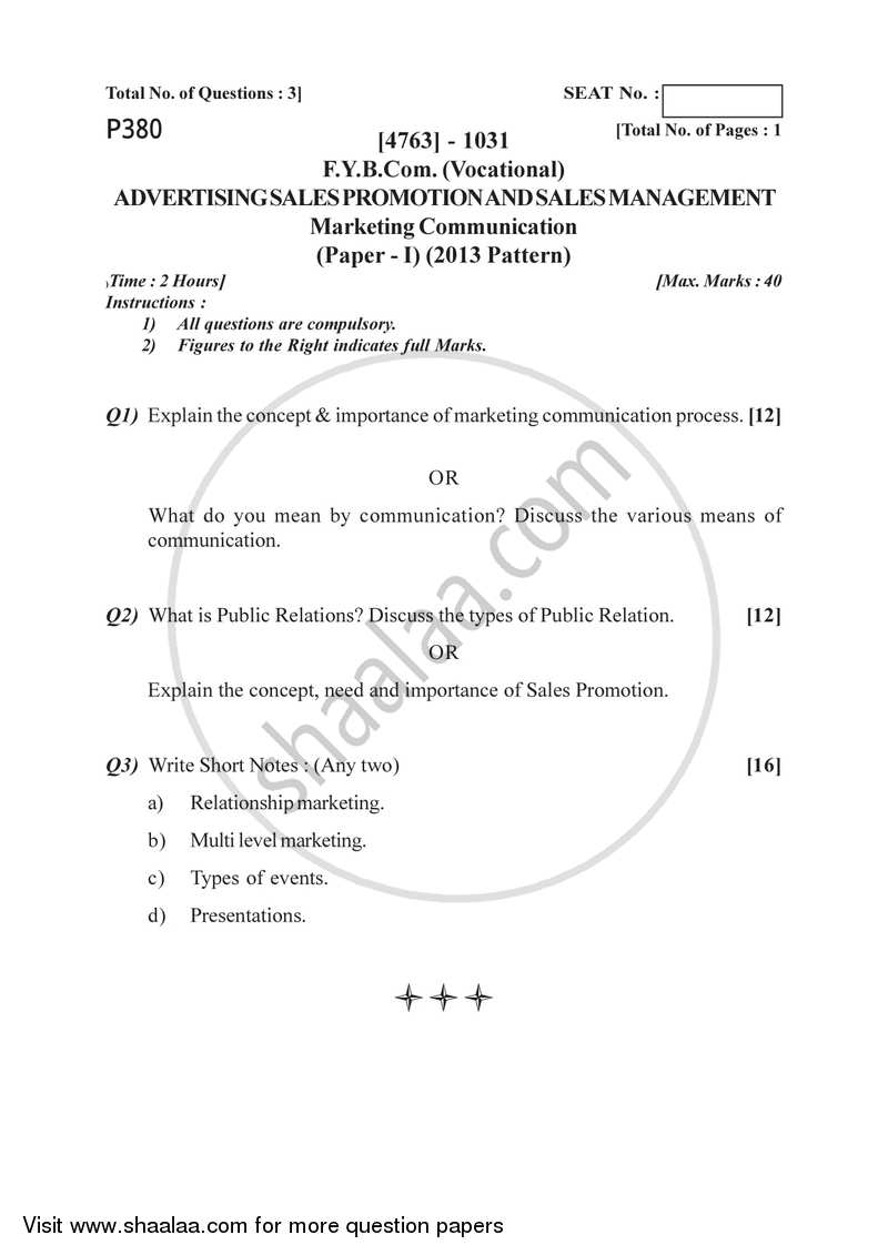 Marketing Comunication 2014-2015 F.Y.B.Com Vocational - University of Pune question paper with PDF download