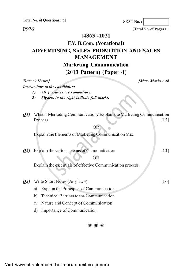 Marketing Comunication 2015-2016 F.Y.B.Com Vocational - University of Pune question paper with PDF download