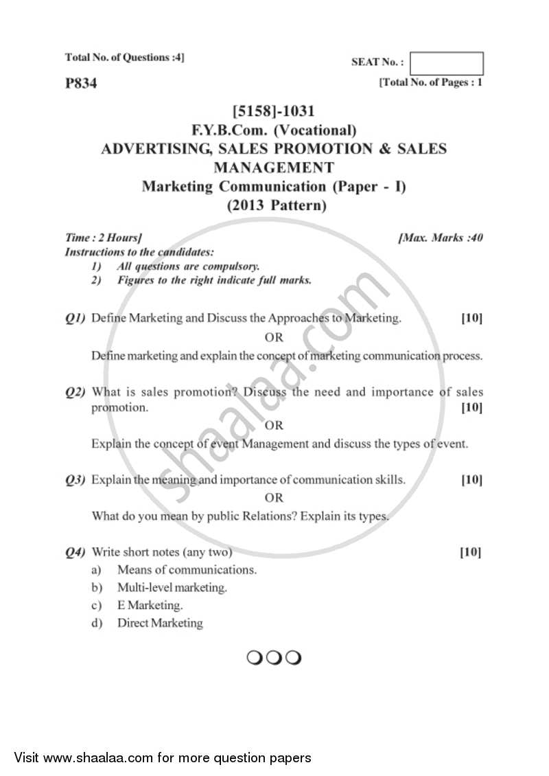 Marketing Comunication 2016-2017 F.Y.B.Com Vocational - University of Pune question paper with PDF download