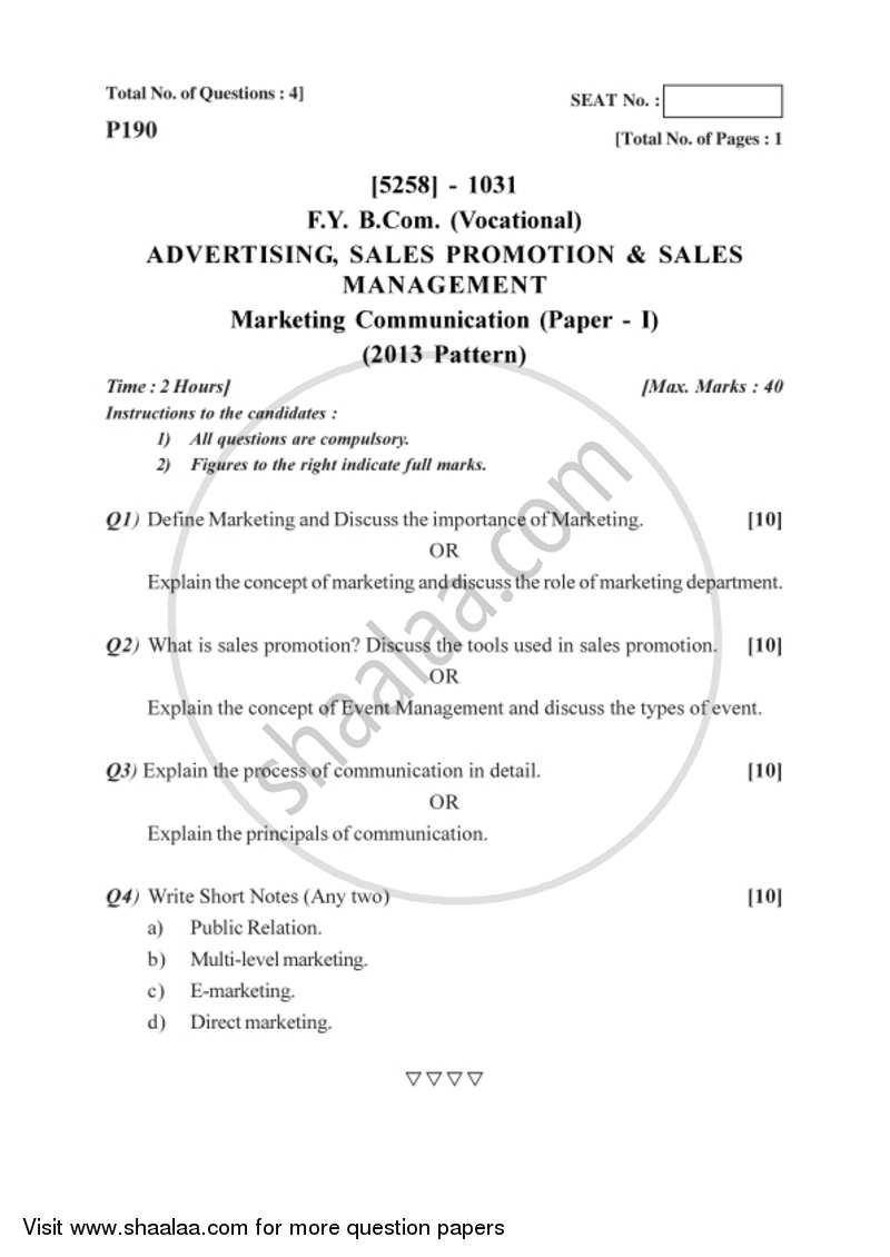 Marketing Comunication 2017-2018 F.Y.B.Com Vocational - University of Pune question paper with PDF download