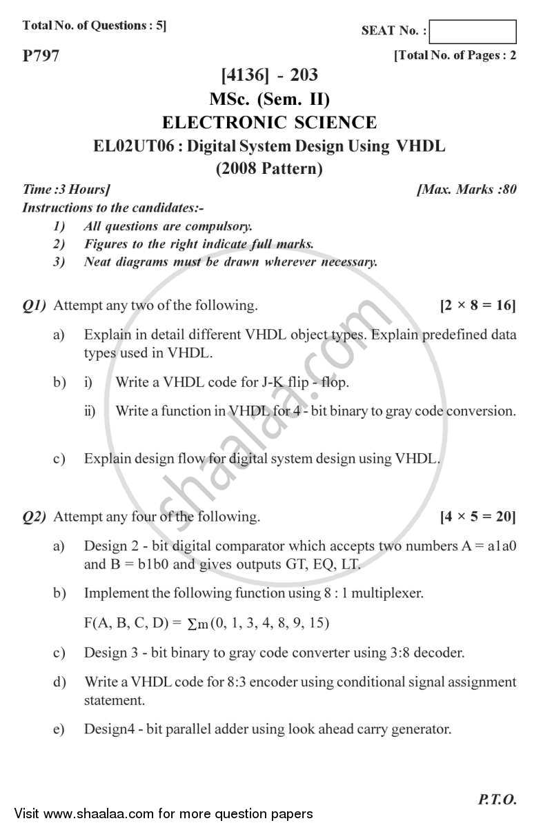Question Paper - Digital System Design Using VHDL 2011-2012 - M.Sc.