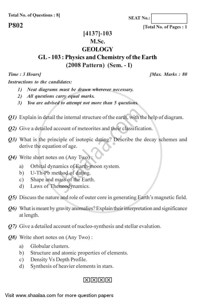 Physics And Chemistry Of The Earth 2011 2012 Msc Geology - 