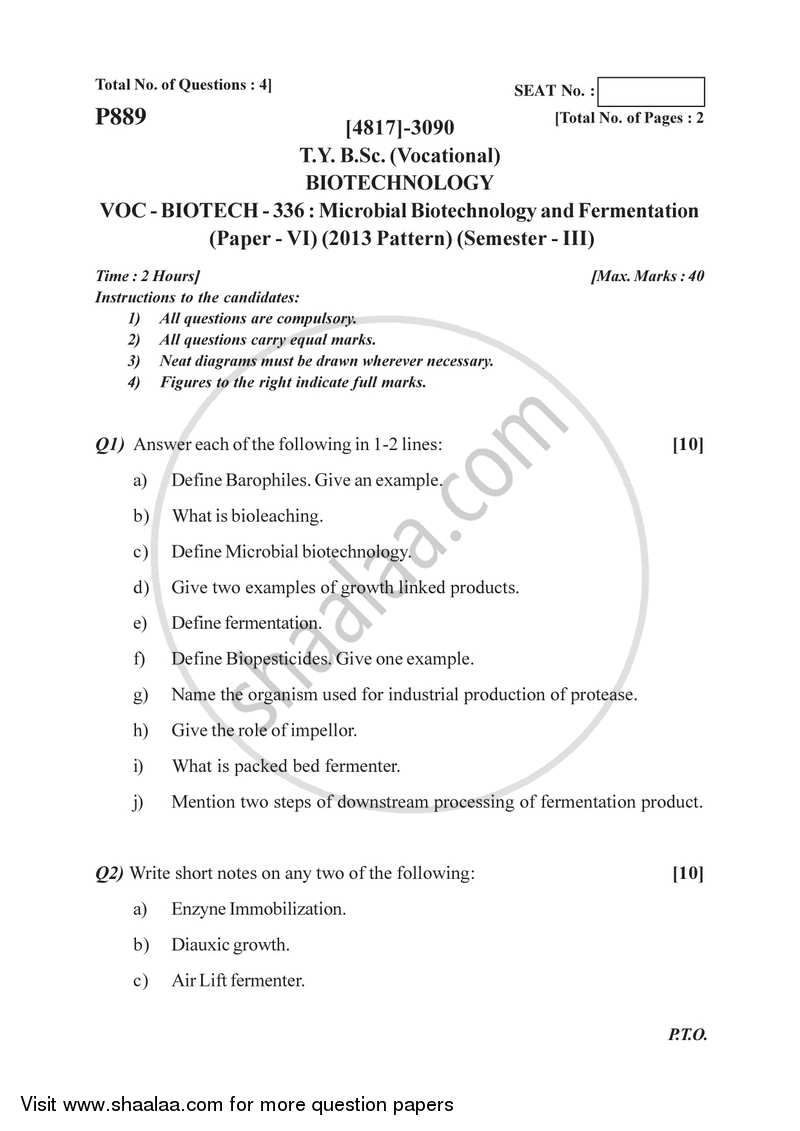 Microbial Biotechnology and Fermentation 2015-2016 Semester 5 (FYBSc) - University of Pune question paper with PDF download