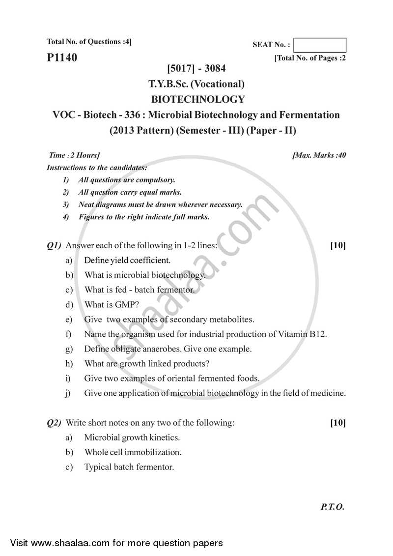 Microbial Biotechnology and Fermentation 2016-2017 Semester 5 (FYBSc) - University of Pune question paper with PDF download