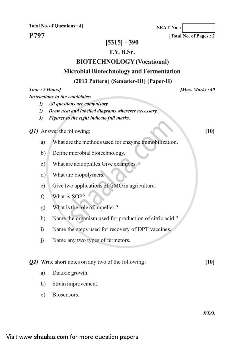 Microbial Biotechnology and Fermentation 2017-2018 Semester 5 (FYBSc) - University of Pune question paper with PDF download