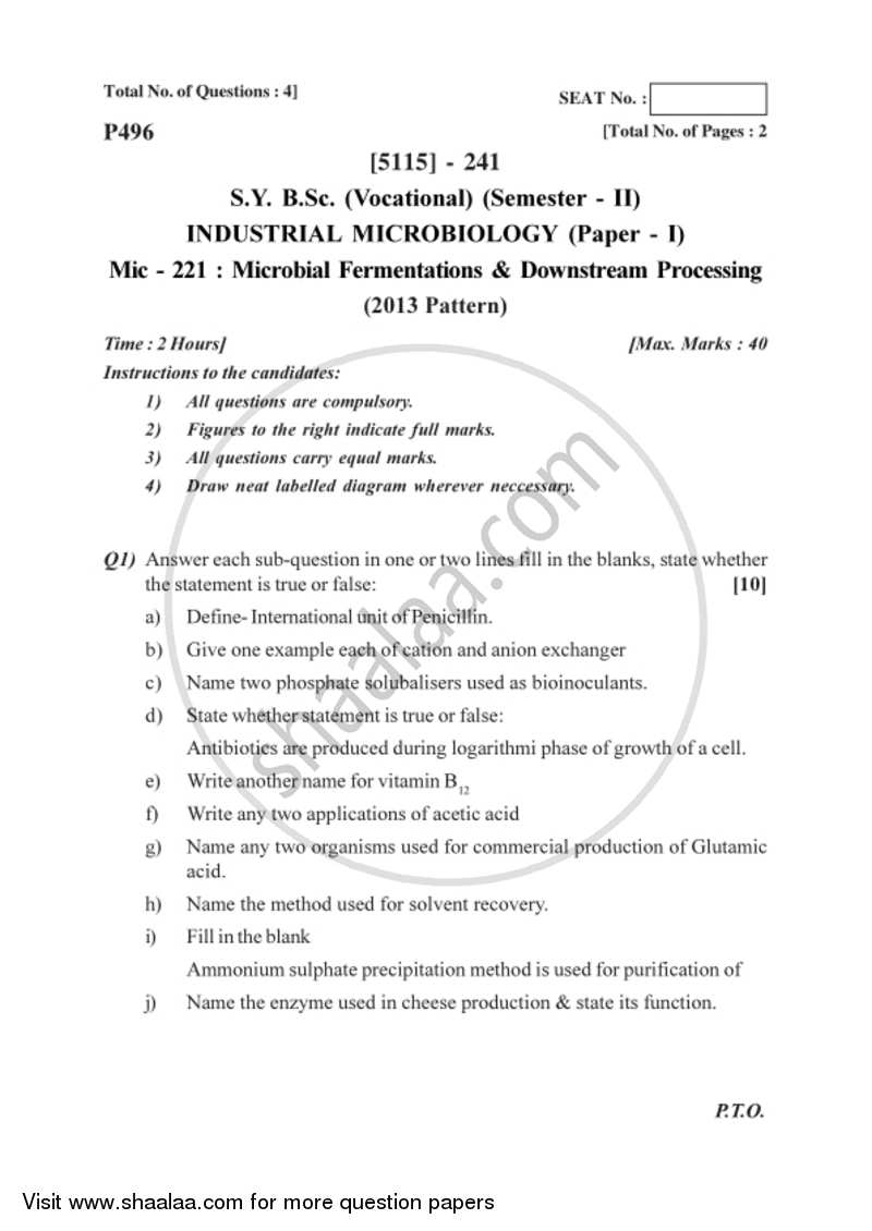 Microbial Fermentation and Downstream 2016-2017 Semester 4 (FYBSc) - University of Pune question paper with PDF download