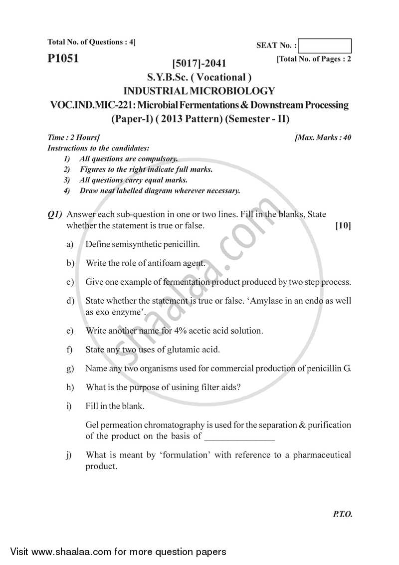 Microbial Fermentation and Downstream 2016-2017 Semester 4 (FYBSc) - University of Pune question paper with PDF download