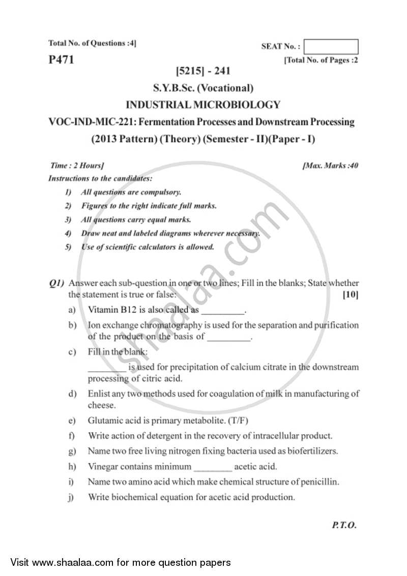 Microbial Fermentation and Downstream 2017-2018 Semester 4 (FYBSc) - University of Pune question paper with PDF download