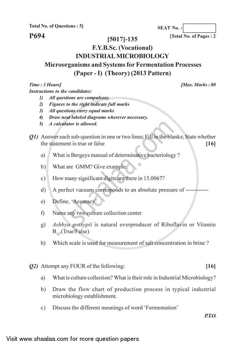 Microorganisms and Systems for Fermentation Process 2016-2017 Semester 2 (FYBSc) - University of Pune question paper with PDF download