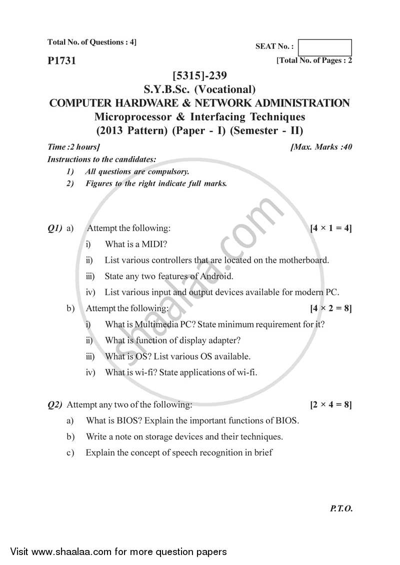 Microprocessor and Interfacing Techniques 2017-2018 Semester 4 (FYBSc) - University of Pune question paper with PDF download