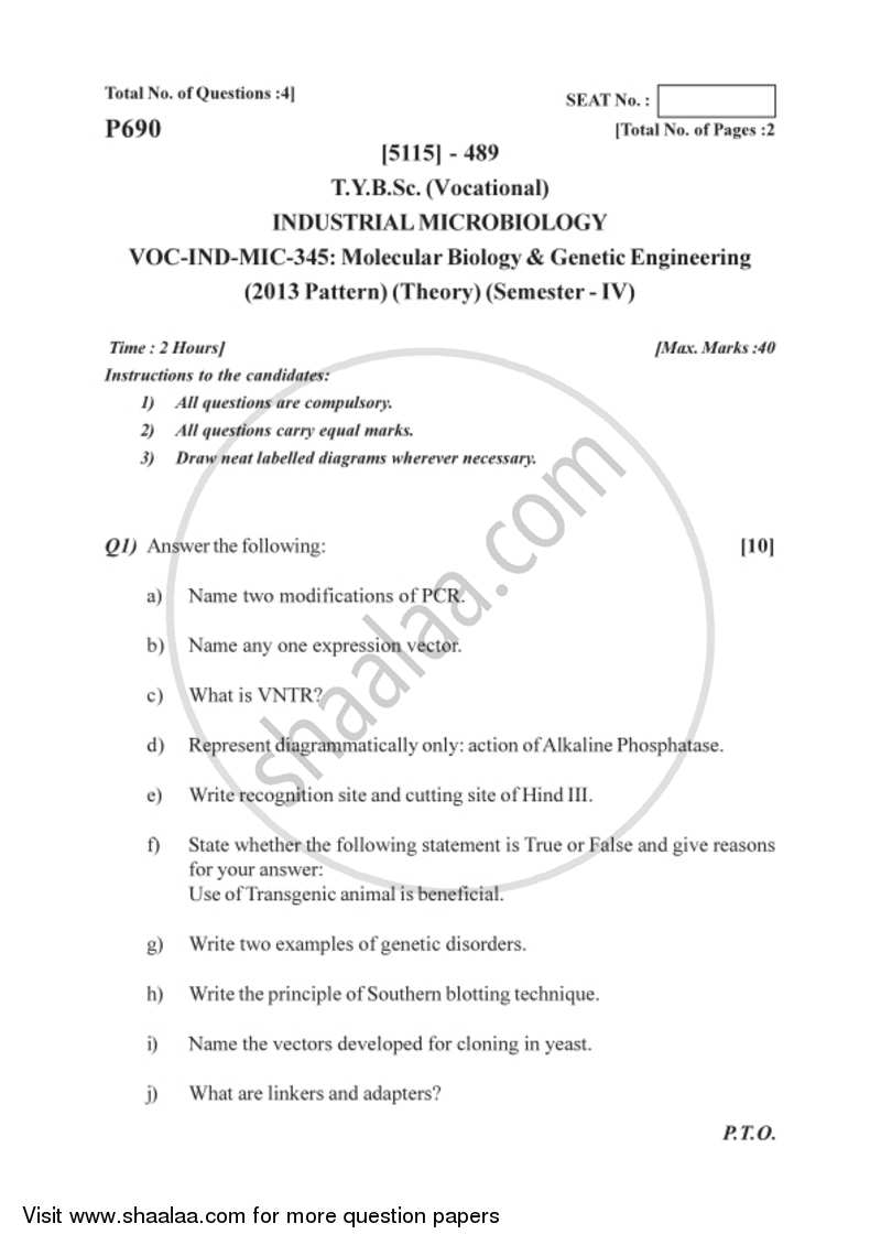 Molecular Biology and Genetic Enginnering 2016-2017 Semester 6 (FYBSc) - University of Pune question paper with PDF download