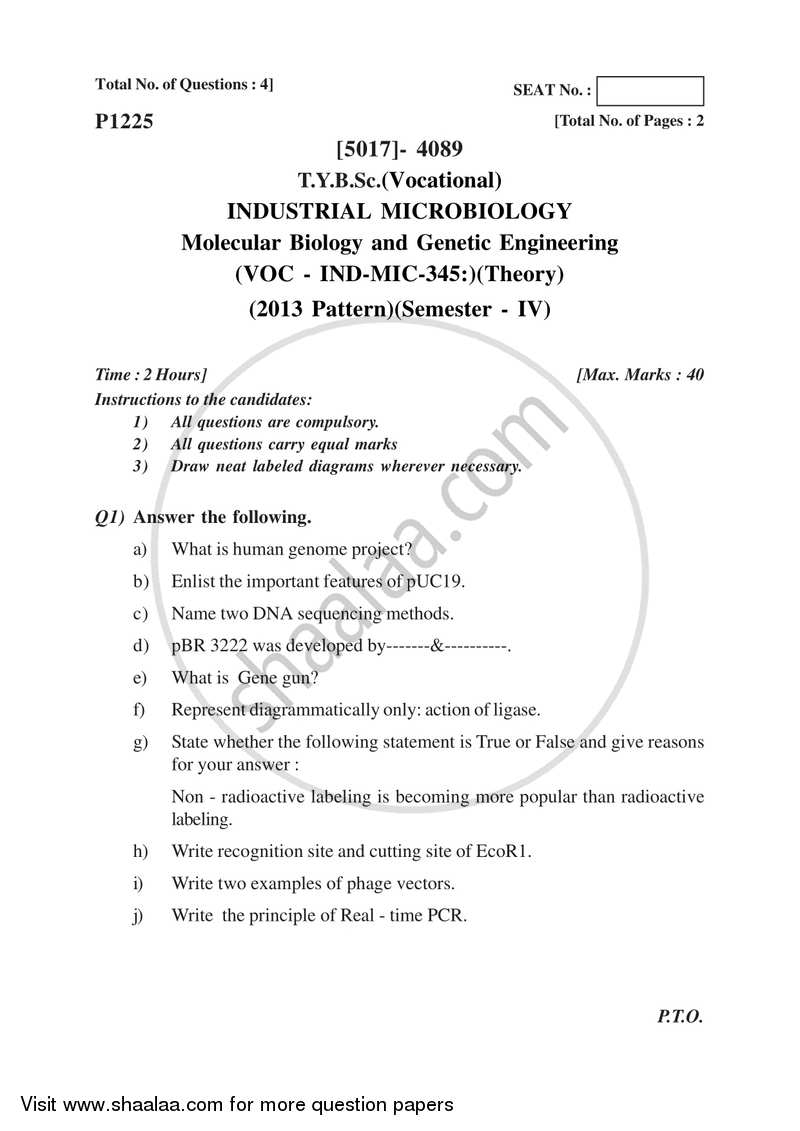 Molecular Biology and Genetic Enginnering 2016-2017 Semester 6 (FYBSc) - University of Pune question paper with PDF download