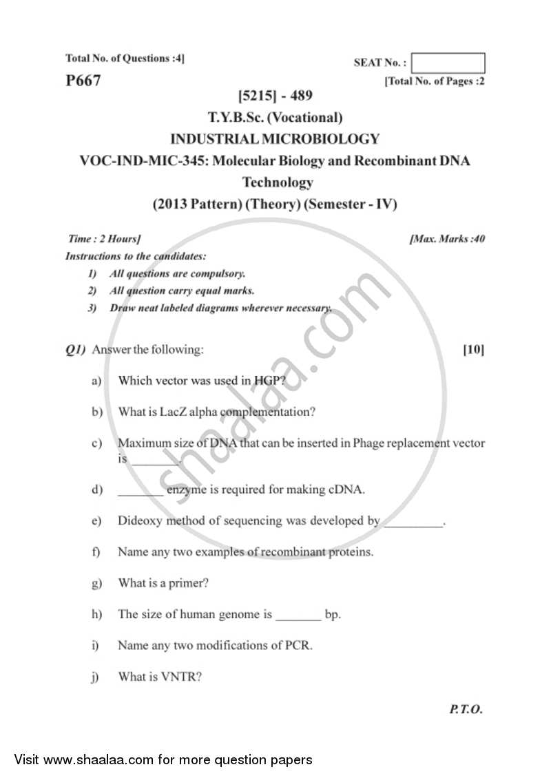 Molecular Biology and Genetic Enginnering 2017-2018 Semester 6 (FYBSc) - University of Pune question paper with PDF download