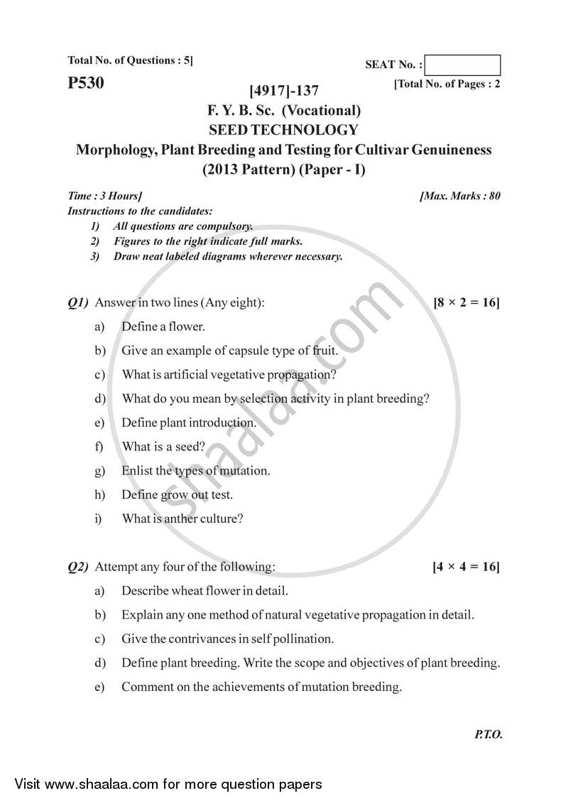 Morphology, Plant Breeding and Testing for Cultivar Genuineness 2015-2016 Semester 2 (FYBSc) - University of Pune question paper with PDF download
