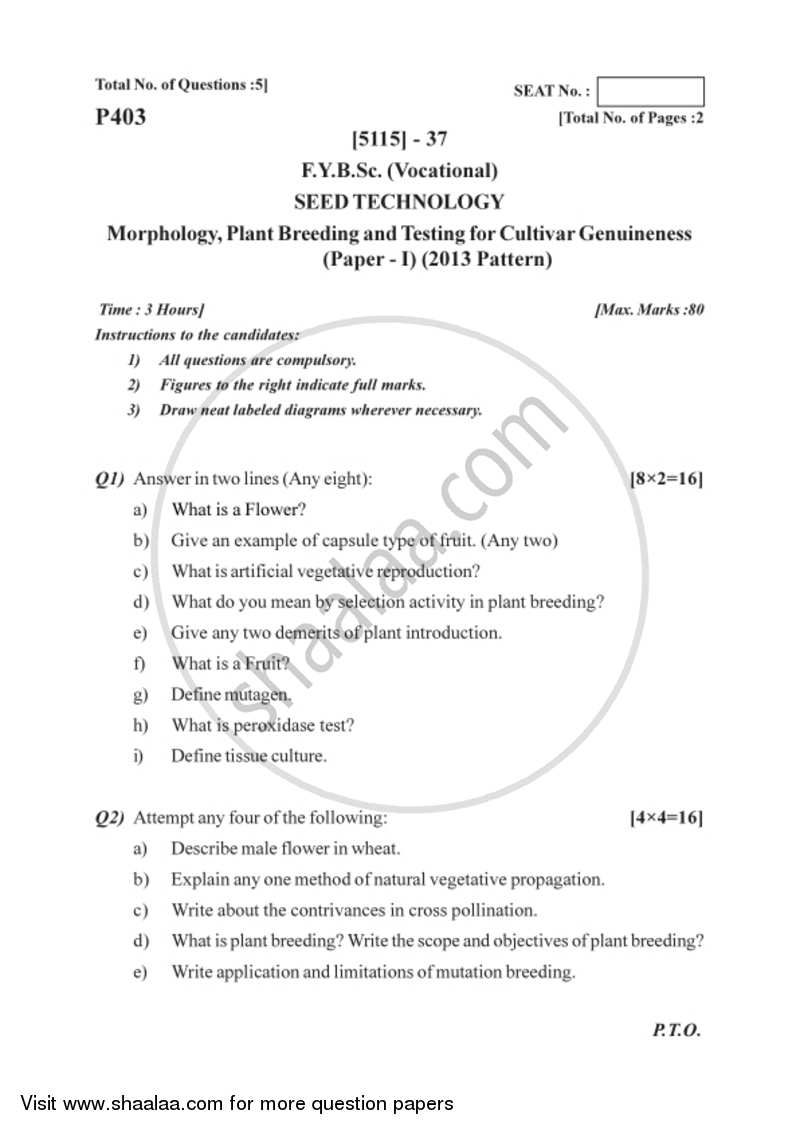 Morphology, Plant Breeding and Testing for Cultivar Genuineness 2016-2017 Semester 2 (FYBSc) - University of Pune question paper with PDF download