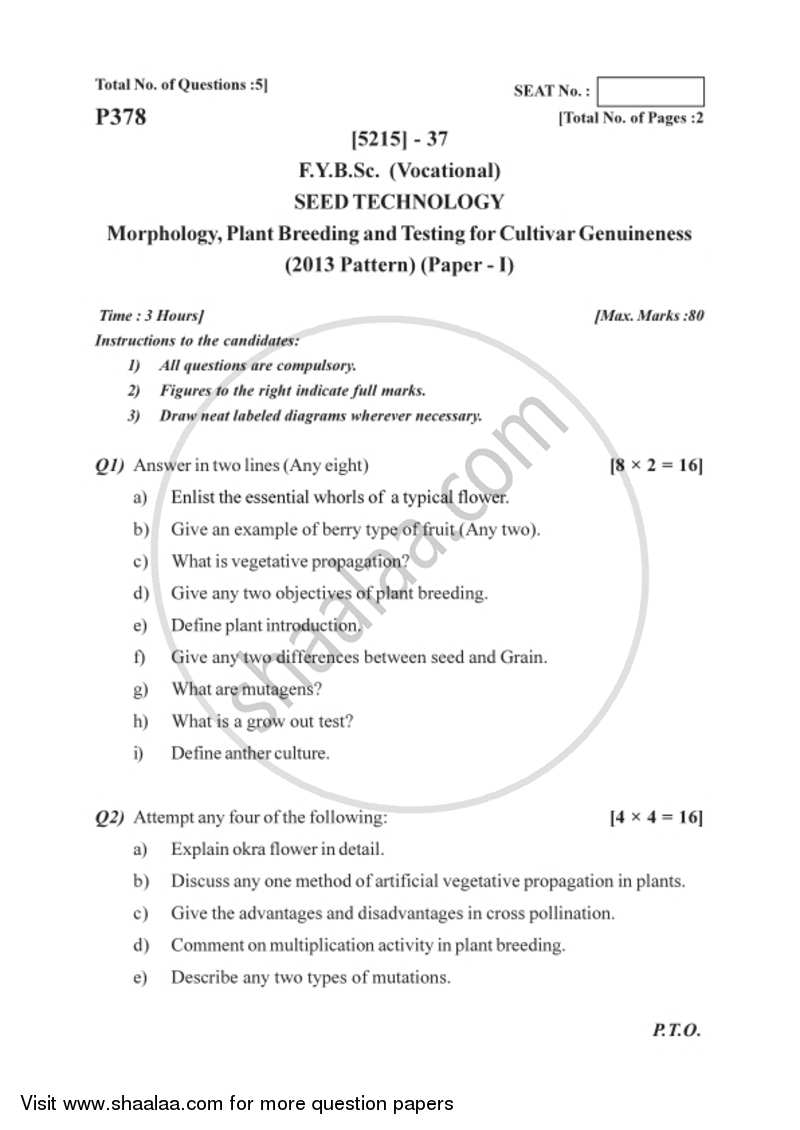 Morphology, Plant Breeding and Testing for Cultivar Genuineness 2017-2018 Semester 2 (FYBSc) - University of Pune question paper with PDF download