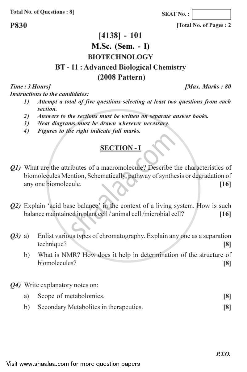Advanced Biological Chemistry 2011-2012 - M.Sc. - Semester 1 - University of Pune question paper with PDF download