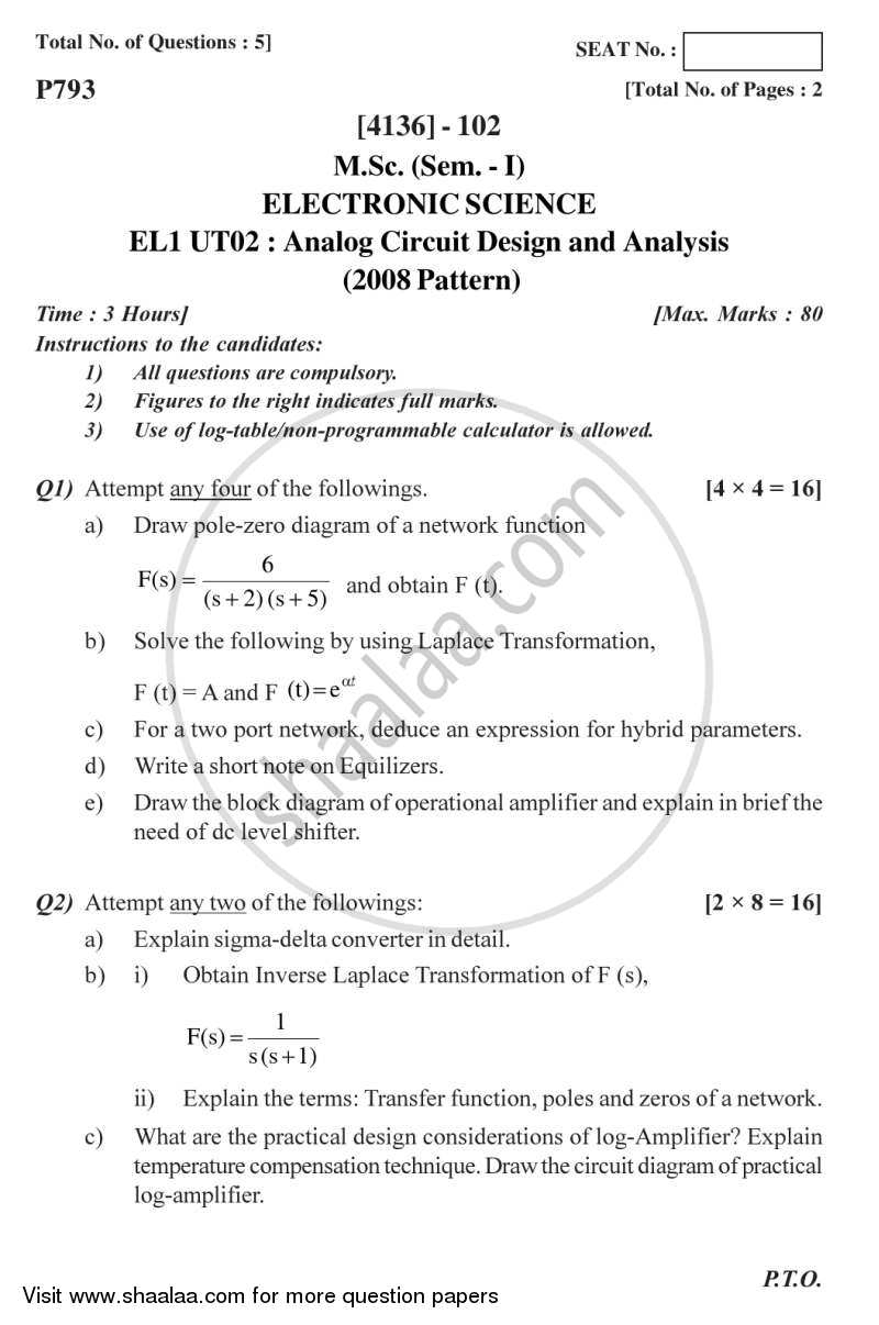 Analog Circuit Design and Analysis 2012-2013 - M.Sc. - Semester 1 - University of Pune question paper with PDF download