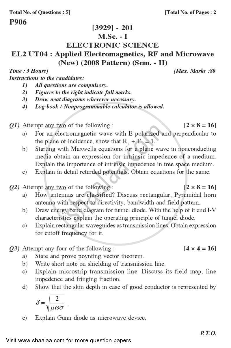 Applied Electromagnetics, RF and Microwave 2011-2012 - M.Sc. - Semester 2 - University of Pune question paper with PDF download