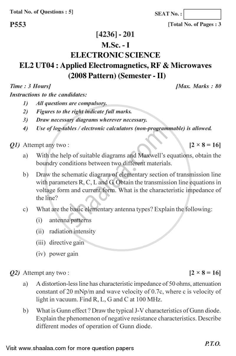 Applied Electromagnetics, RF and Microwave 2012-2013 - M.Sc. - Semester 2 - University of Pune question paper with PDF download