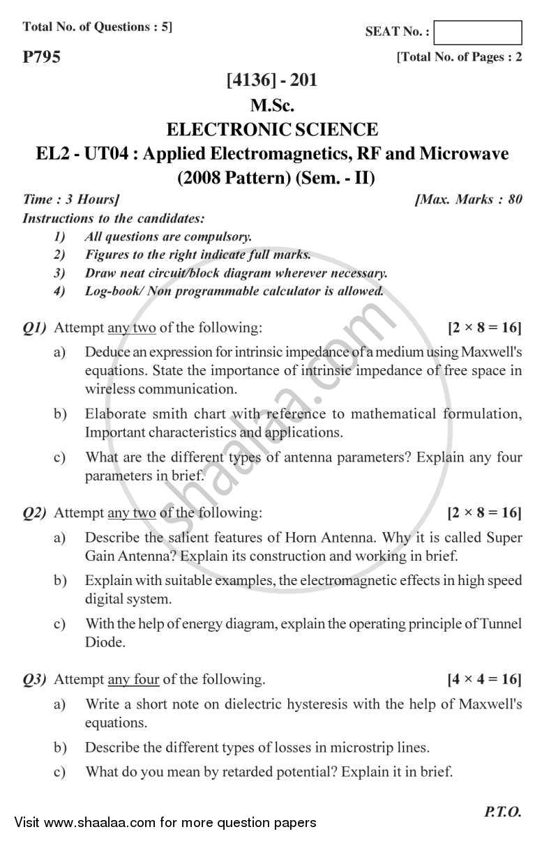 Applied Electromagnetics, RF and Microwave 2012-2013 - M.Sc. - Semester 2 - University of Pune question paper with PDF download