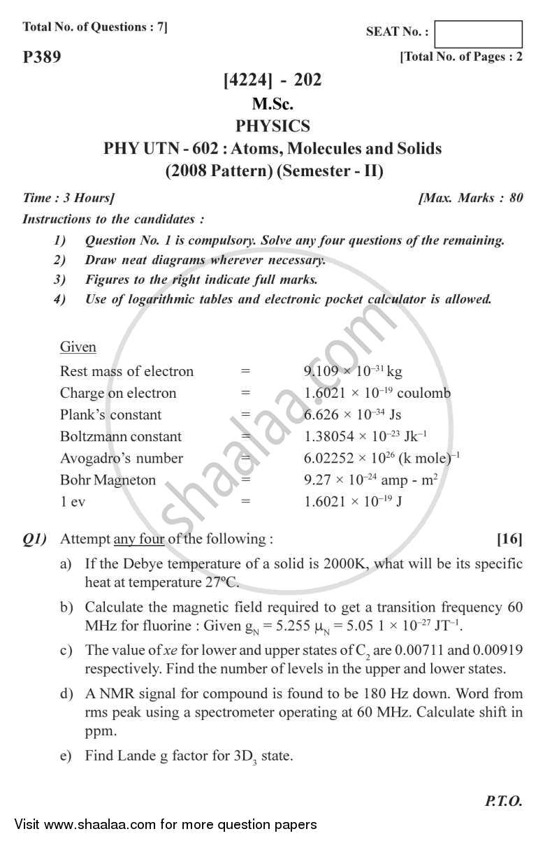 Atoms, Molecules and Solids 2012-2013 - M.Sc. - Semester 2 - University of Pune question paper with PDF download