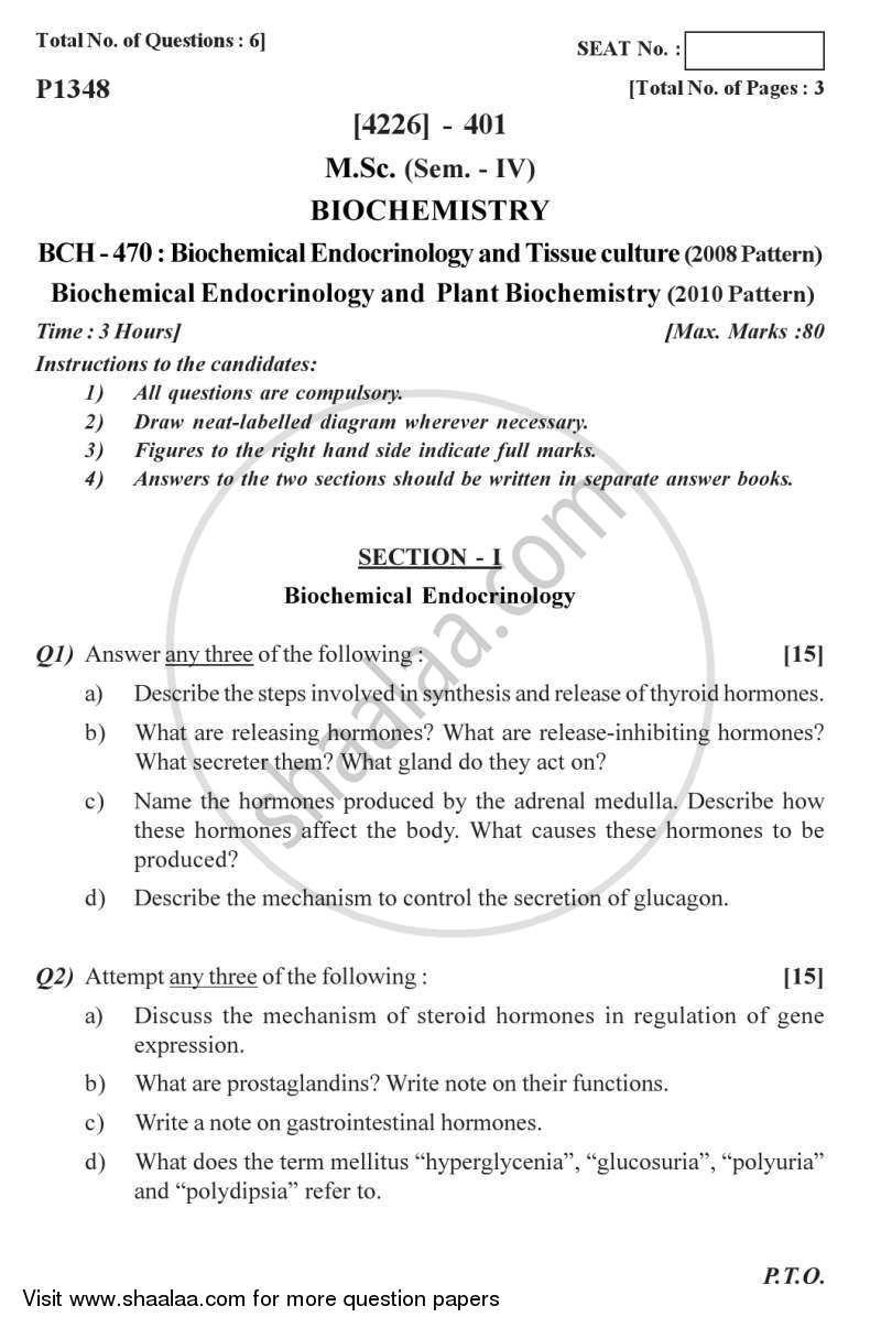 Biochemical Endocrinology and Plant Biochemistry 2012-2013 - M.Sc. - Semester 4 - University of Pune question paper with PDF download