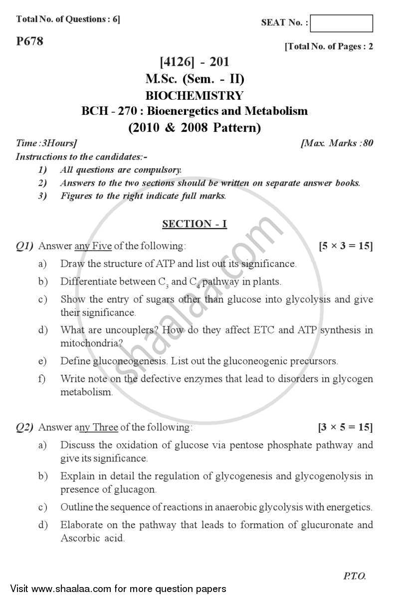Bioenergetics and Metabolism 2011-2012 - M.Sc. - Semester 2 - University of Pune question paper with PDF download