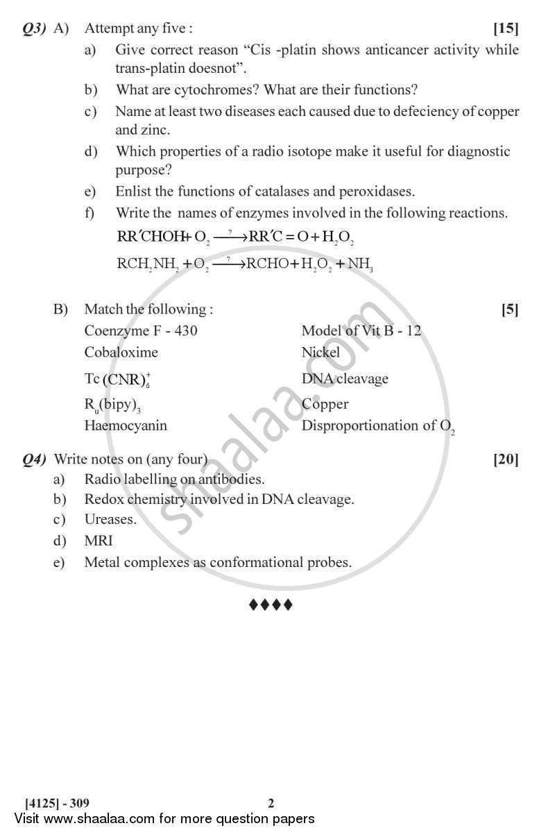 Bioinorganic Chemistry- Inorganic Elements in the Chemistry of Life 2011-2012 - M.Sc. - Semester 3 - University of Pune question paper with PDF download