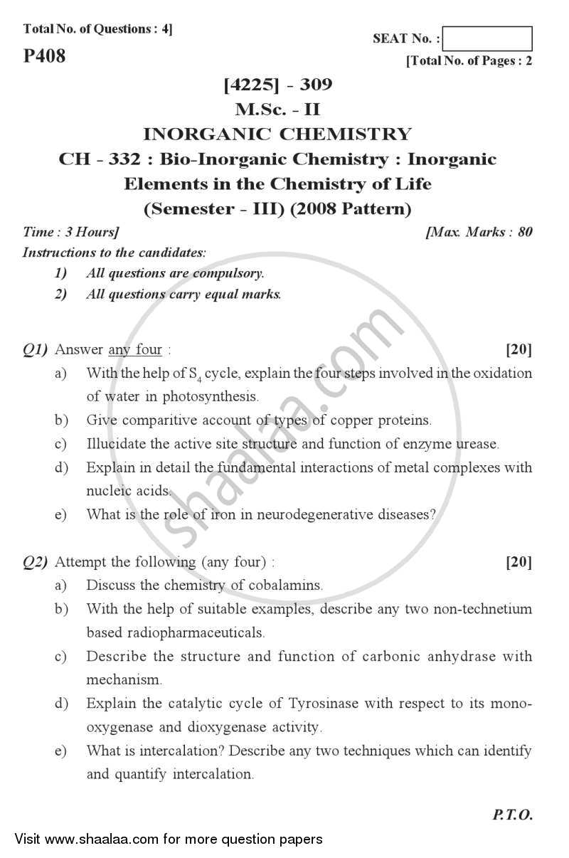 Bioinorganic Chemistry- Inorganic Elements in the Chemistry of Life 2012-2013 - M.Sc. - Semester 3 - University of Pune question paper with PDF download