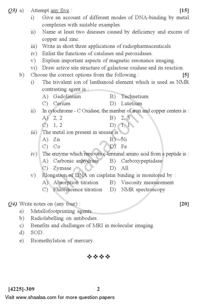 Bioinorganic Chemistry- Inorganic Elements in the Chemistry of Life 2012-2013 - M.Sc. - Semester 3 - University of Pune question paper with PDF download