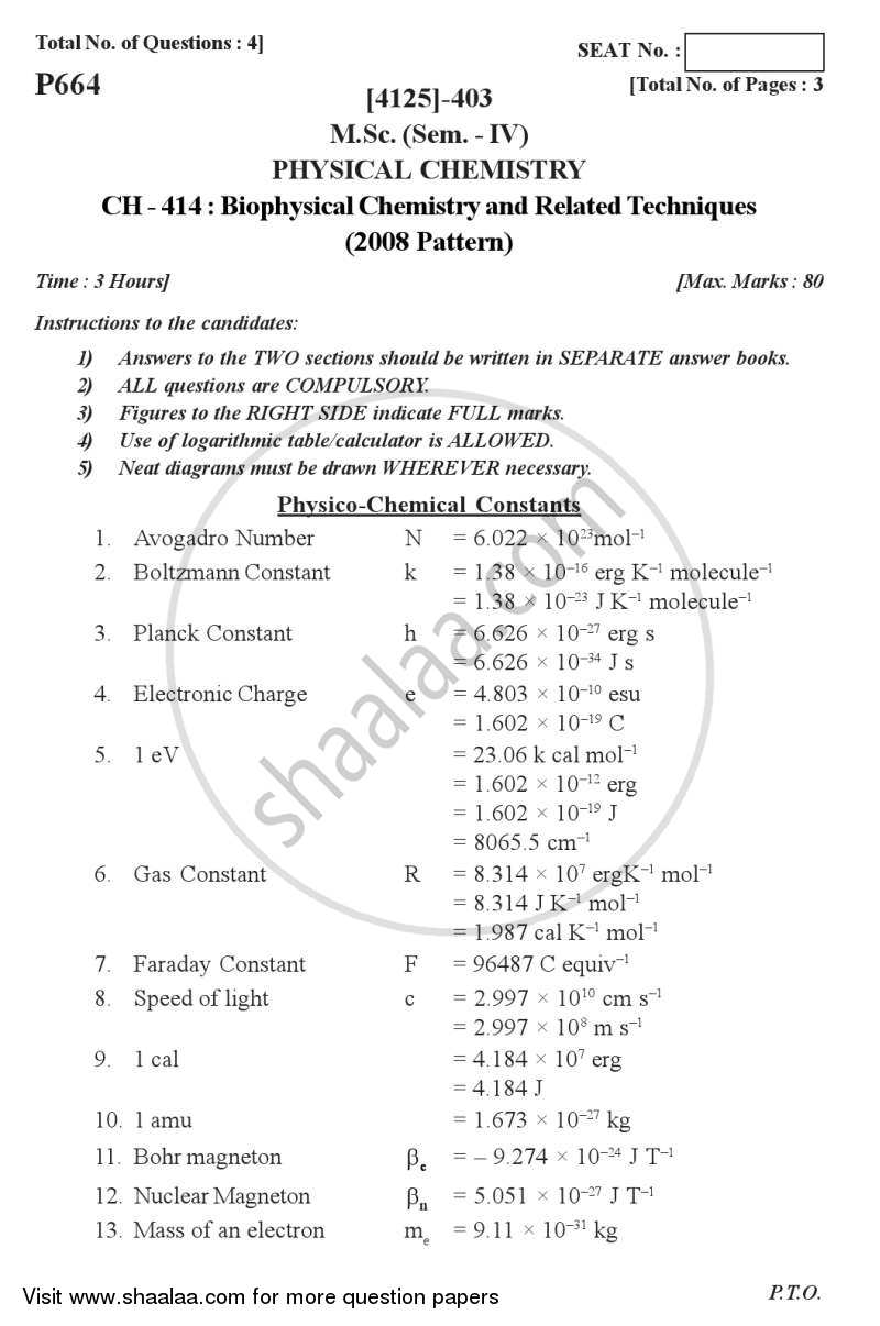 Biophysical Chemistry and Related Techniques 2011-2012 - M.Sc. - Semester 4 - University of Pune question paper with PDF download