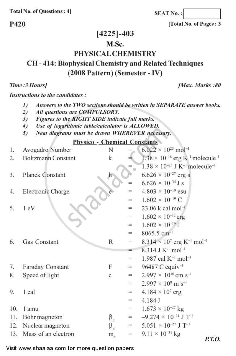 Biophysical Chemistry and Related Techniques 2012-2013 - M.Sc. - Semester 4 - University of Pune question paper with PDF download