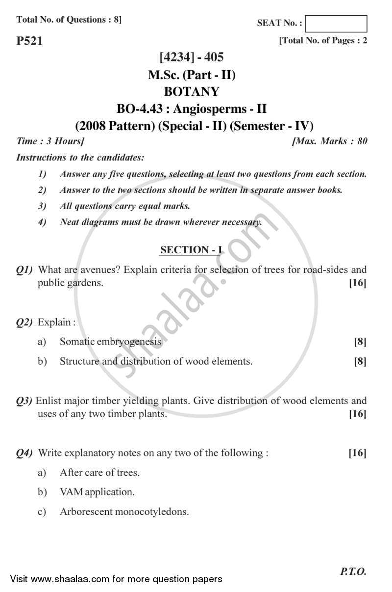 Botany Special Paper - Angiosperms 2 2012-2013 - M.Sc. - Semester 4 - University of Pune question paper with PDF download
