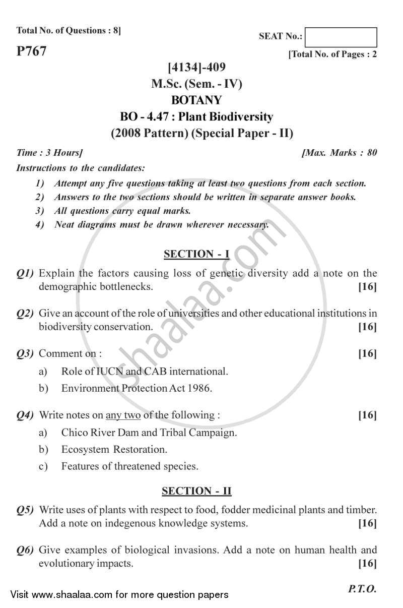 Botany Special Paper - Plant Biotechnology 2 2011-2012 - M.Sc. - Semester 4 - University of Pune question paper with PDF download